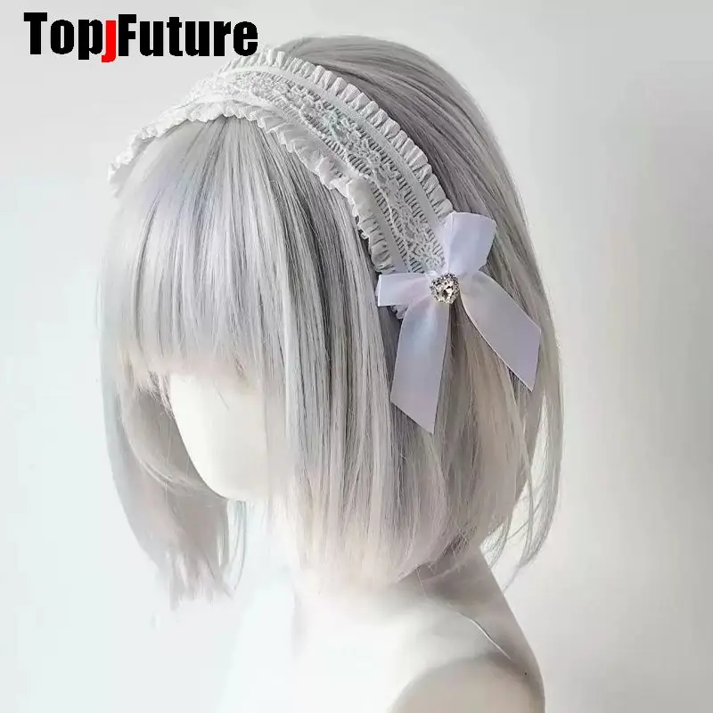 Black White Lace Headband Vintage Ribbon Bow Rhinestone Lolita Maid Gothic Girl Hair Accessories Y2K Harajuku Subculture Kawaii view 4