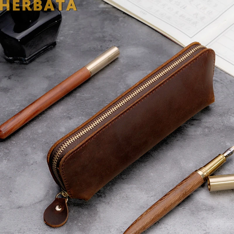 Handmade Genuine Leather Pencil Bag Vintage Retro Style Cowhide Zipper Pen Case School Bag Glasses Case Office Stationery Gift