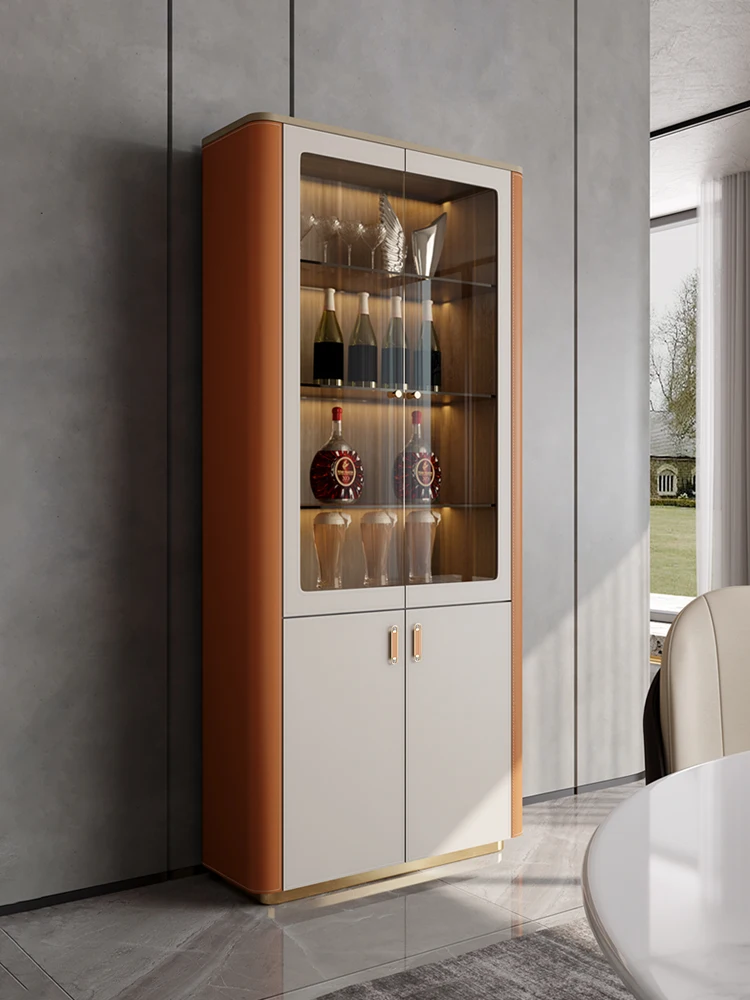 Luxury wine cabinet Modern household high-end display cabinet against the wall Multi functional glass door Saddle leather locker