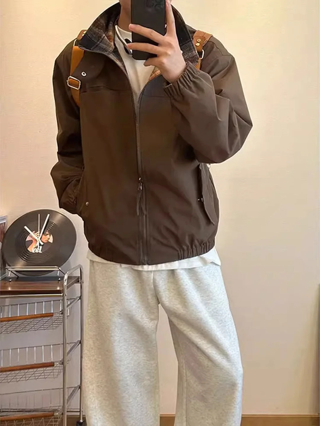 

Double-Sided Wear ort Baseball Jaet for Men Caramel Color Patchwork Workwear Autumn Plaid Print Casual Couple Outfit