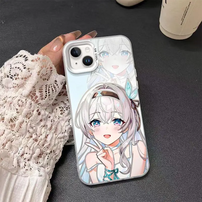 Niedliche Cartoon-Mädchen-Glühwürmchen-Honkai-Star-Schienen-Handyhülle für iPhone 17, 16, 15, 14, 13, 12, 11, Pro Max Plus, Air Mini-Spiel-Mädchen-Abdeckung