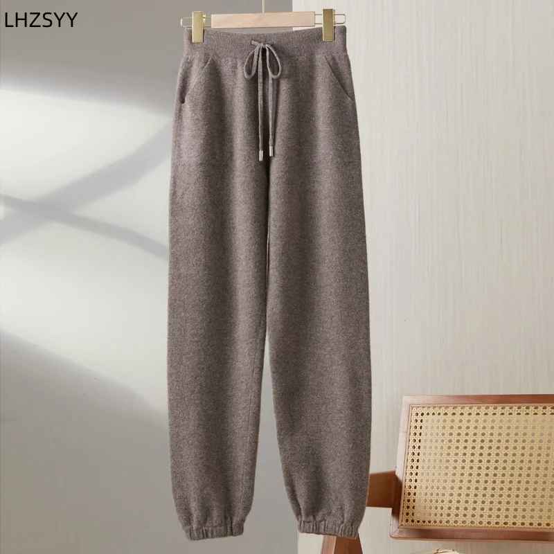 LHZSYY Autumn Winter New Women\' Cashmere High Waist Trousers Casual Loose Tight Waist Pants Draw String Straight Pants Wool Knit