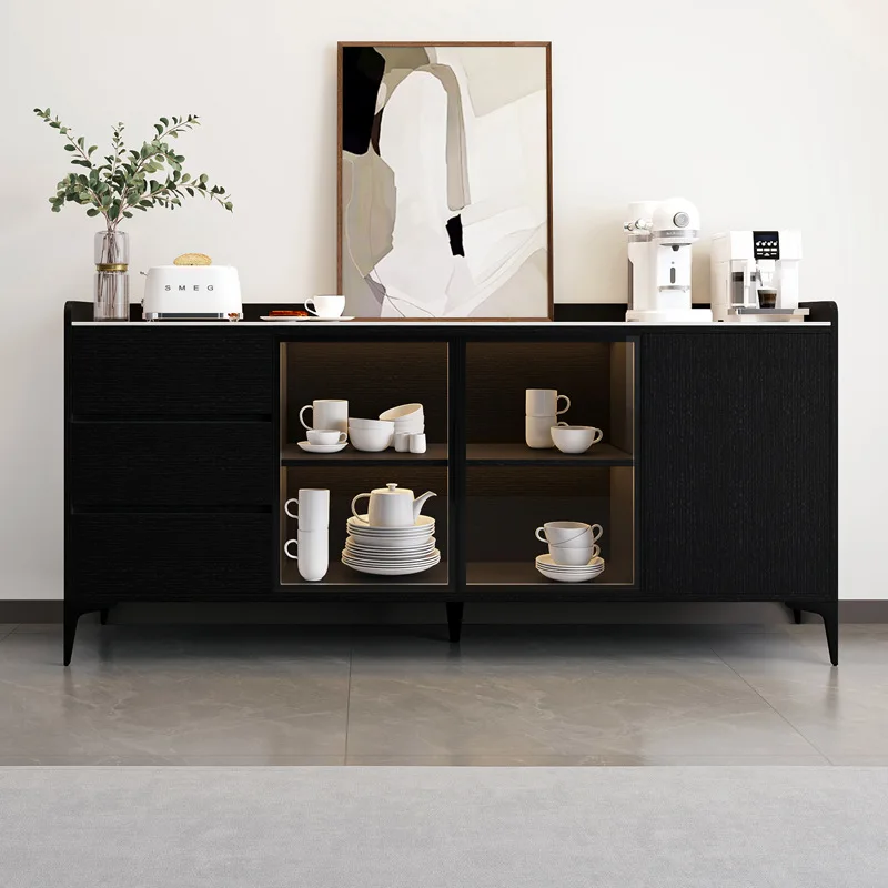 Modern simple black household solid wood against the wall, dining side tea cabinet, minimalist large-capacity rock slab storage