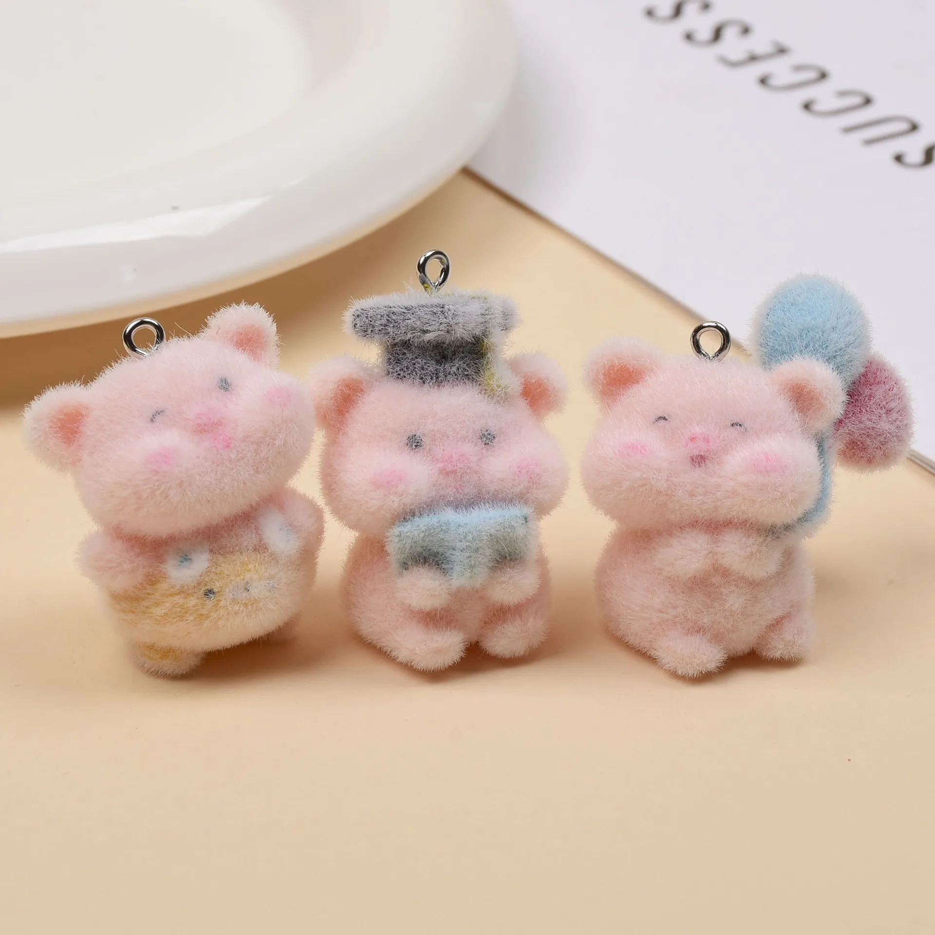 

15pcs 3D Flocking Resin Cute Pig Doll Cartoon Animal Charms For Keychain Necklace Earnings Making DIY Jewelry Accessories