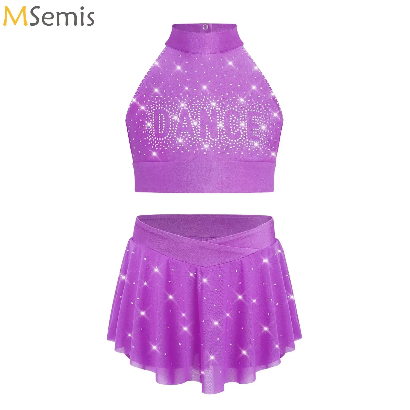 

Girls Cheerleading Performance Modern Lyrical Dance Set Sleeveless Crop Top with Mesh Skirt Rhinestones Skating Ballet Dancewear
