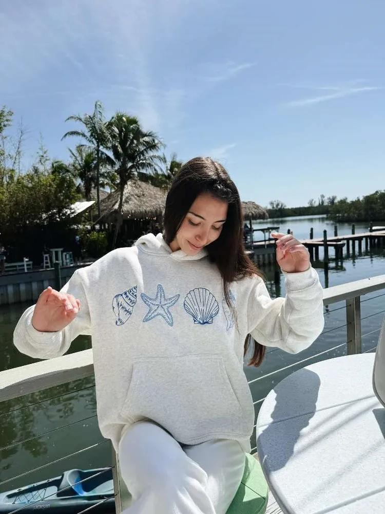 Retro American Beach Vacation Style Embroidered  Starfish Loose Fit Hoodie Women's Grey Cotton Fleece Long Sleeve Sweats...