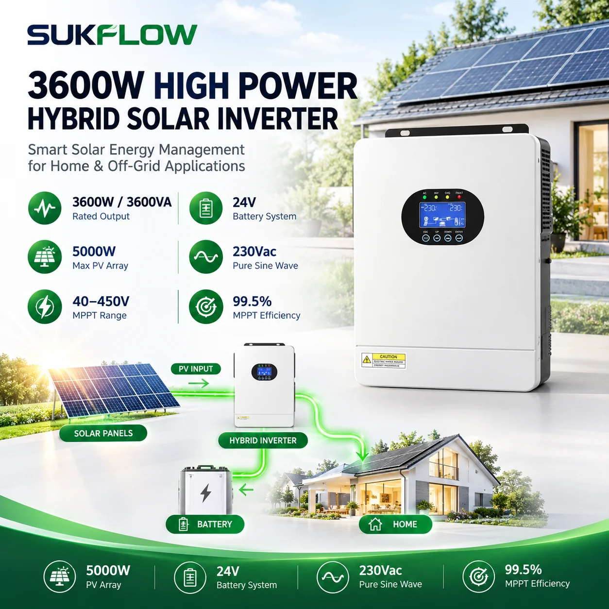 3.6KW 5KW 24V Hybrid Solar Inverter Pure Sine Wave Off Grid Inverter with MPPT Solar Charger for 24V Battery Solar System
