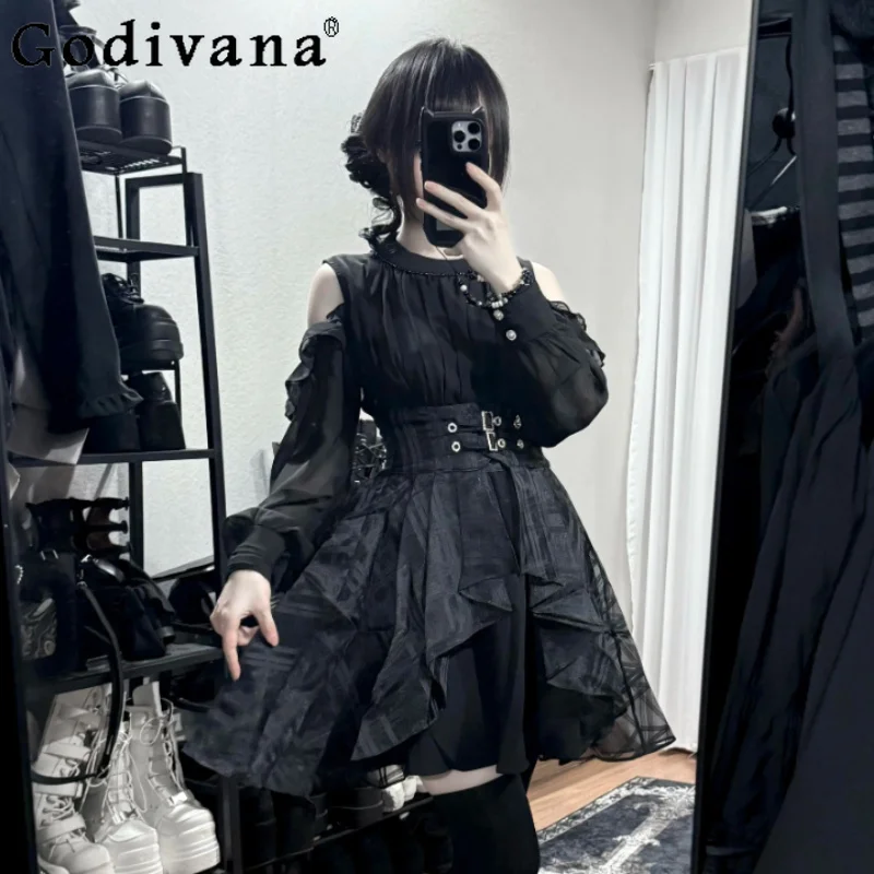 Japanese Subculture Women Spring Summer Long Sleeve Off-the-shoulder Crew Neck Shirt High Waist A-line Age-reducing Sweet Skirt
