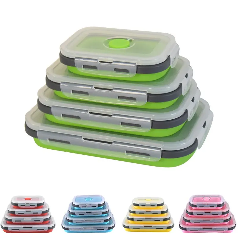 4PCS/set Foldable Silicone Lunch Box Portable Microwave Heated Lunch Box Square Silicone Preservation Box Kitchen Supplies