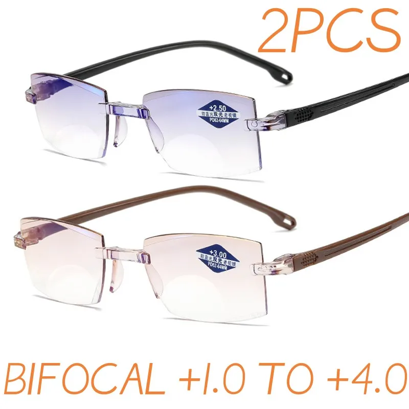 

2PCS Vintage Bifocal Reading Glasses Men Women Rimless Near and Far Eyesglasses Retro Anti-blue Light Presbyopic Eyewear Diopter