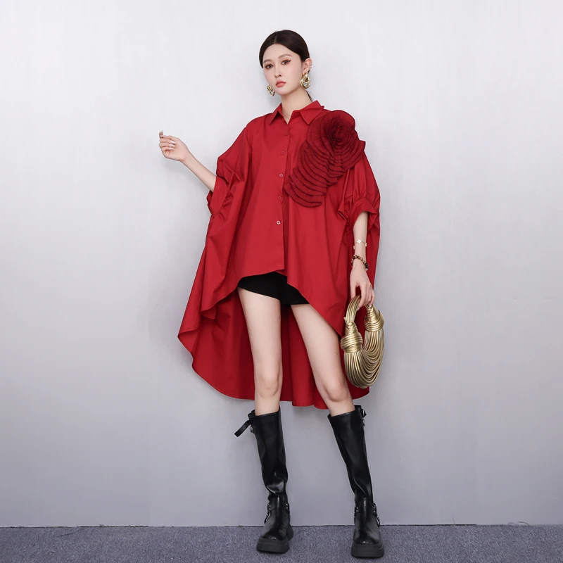 

2025 Summer New Elegant Women Loose Flower Cloak Shirts Dresses Female Short Sleeve Dress Wholesale J1240