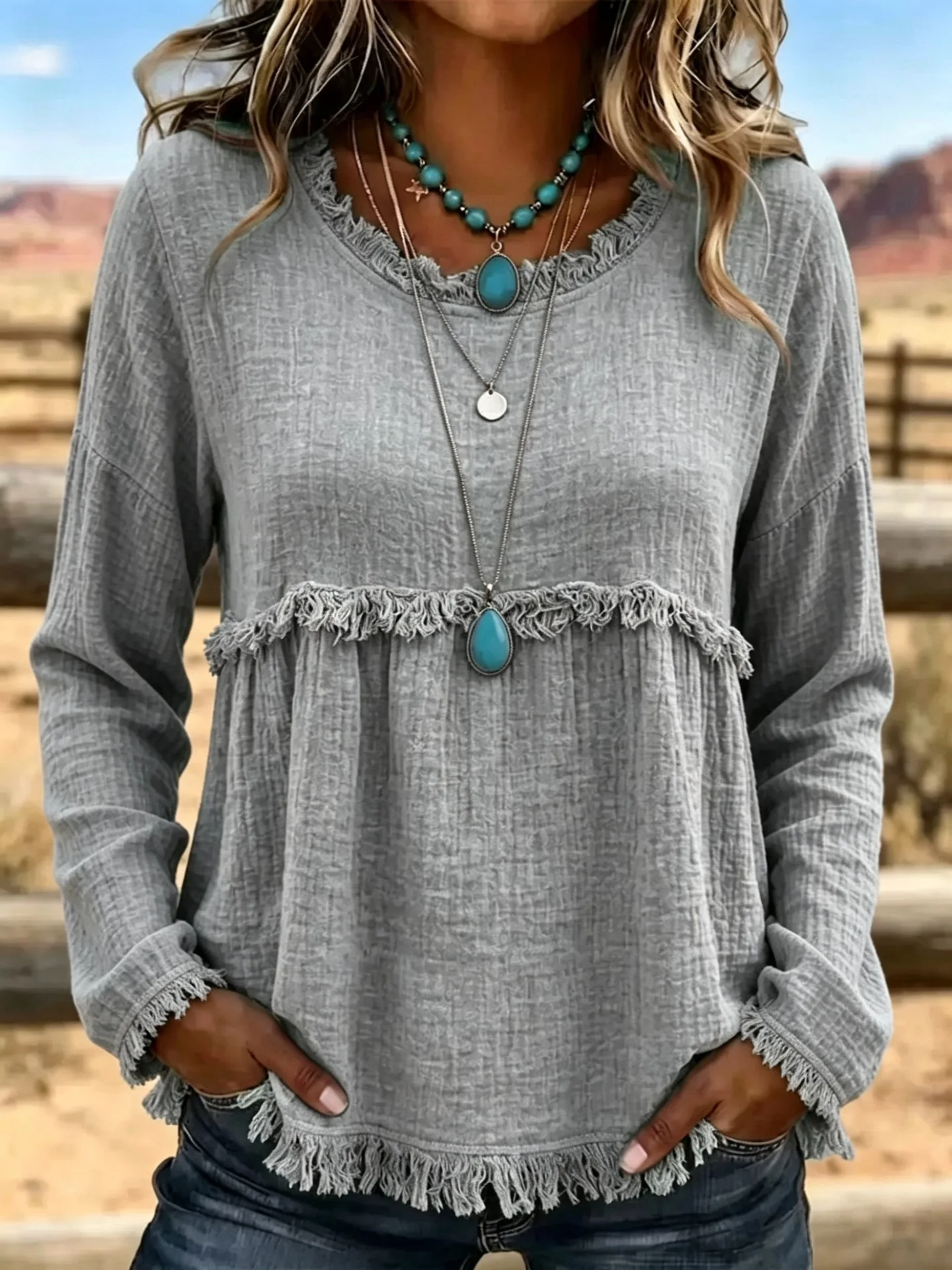 Women's Vintage Tassel Fringe Blouse Long Sleeve Round Neck Autumn Winter Fashion Top Cross-Border European And American Texture