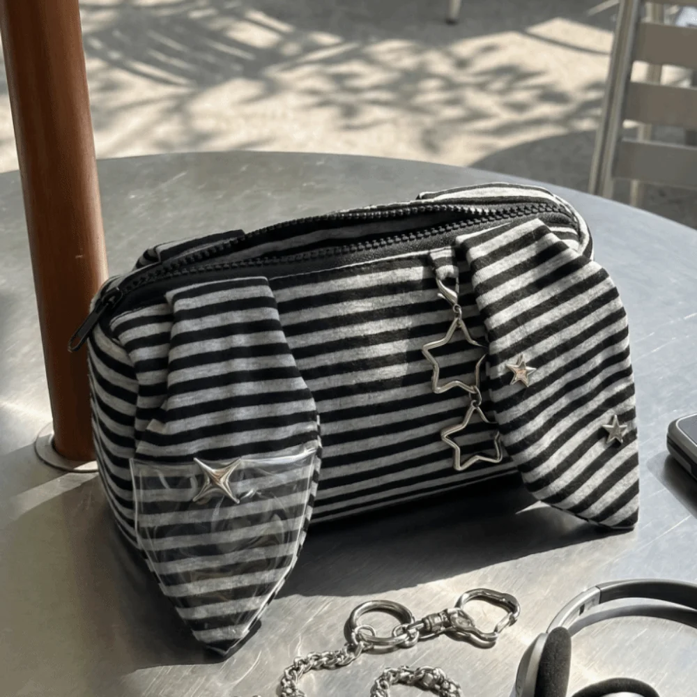 Multi-functional Striped Pencil Case Large Capacity Rabbit Ear Stationery Organizer Clear PVC Vintage Star Pendant Pen Bag