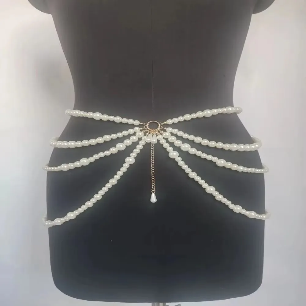 Vintage Y2K Jewelry Multilayer Pearl Waist Chain Character Playing Retro Party Belts Body Accessories Tassel Pendant For Women
