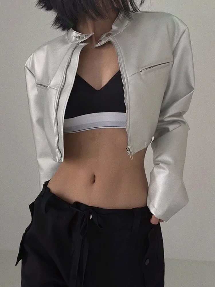 

Y2k Aesthetic Vintage Pu Stand Neck Womens Harajuku Silver Zipper Grunge s Loose Harajuku Female Punk Crop Coat