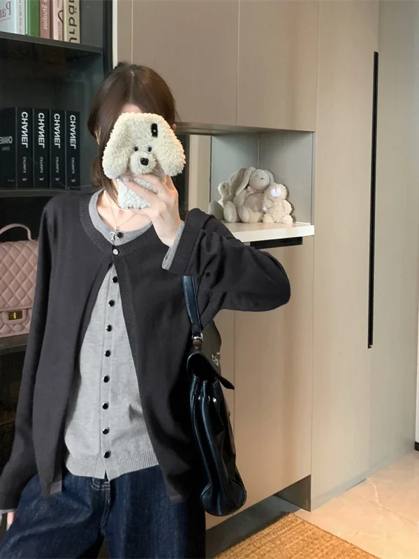 

plus Size Knitted Long Sleeve Sweater Outerwear Autumn Winter Loose Slimming Design Color Block Commute Style Korean Version