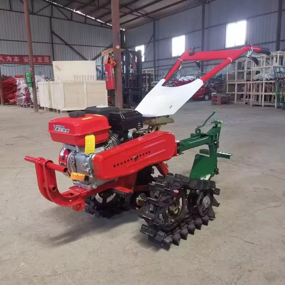 Petrol 9HP/177F Double Chain Rail  Micro Tiller Mini Farm Garden Crawler Cultivator Ploughs Machine+Flip Plow