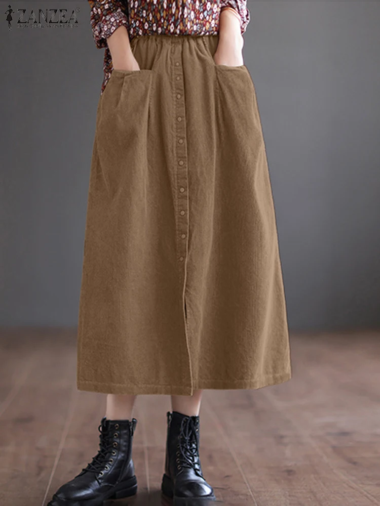 ZANZEA Autumn Elastic Waist Baggy Midi Skirt Women Corduroy Skirts Solid Loose Faldas Saia Jupes Fashion Work Sundress Sarafans