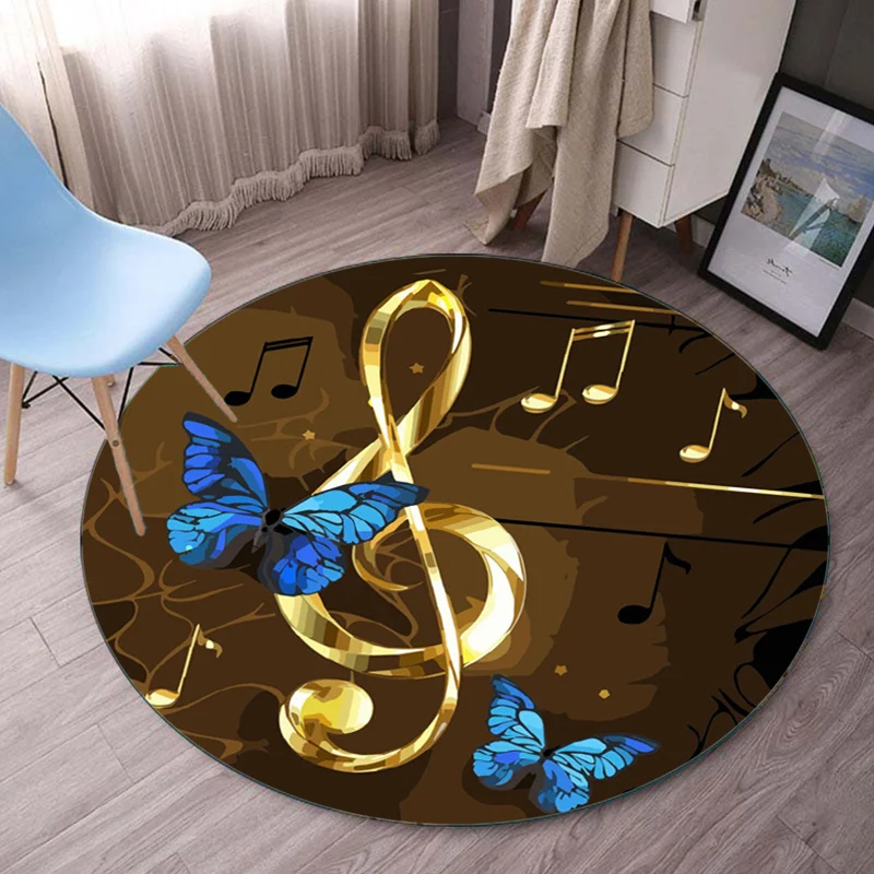 Golden Treble Clef Blue Butterfly RoundRugPlushFloor Mat Music Room Decor Classical InstrumentArtisticDesignCarpetMusicThemeRug