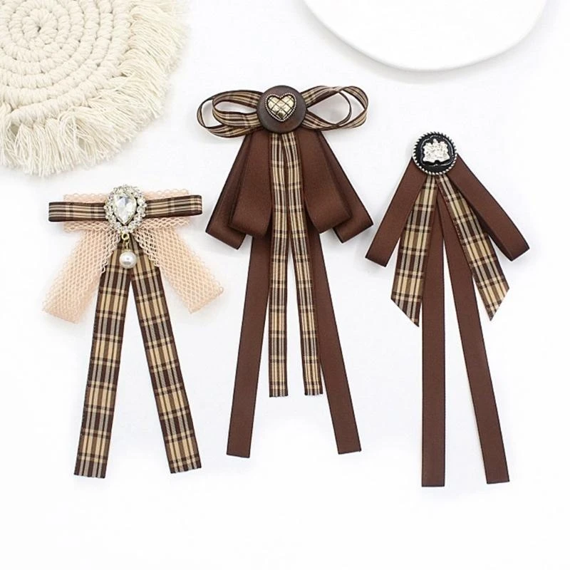 E56A Elegant Brown Plaids Retro Bowtie Preppy Uniform Pre Tied Necktie Brooch Pin