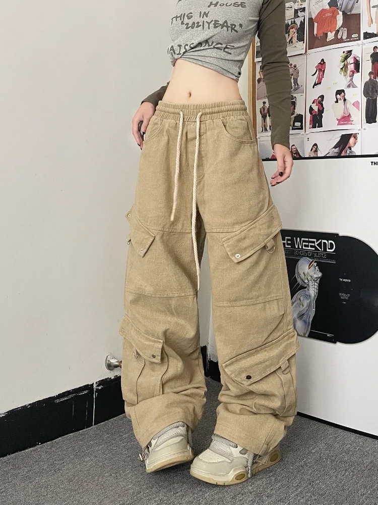 2024 Cyber Y2K Streetwear Multi Pockets Apricot Baggy Cargo Jeans Pants For Women Clothes Sweatpants Hip Hop Lady Long Trousers