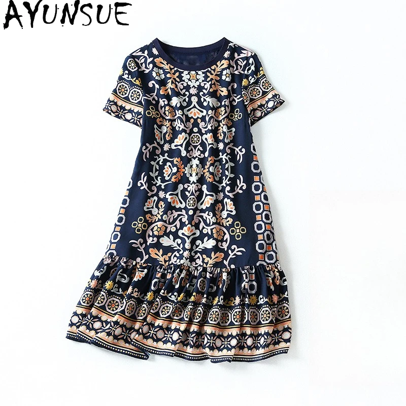 

AYUNSUE 100% Mulberry Silk Elegant Dresses for Woman Summer Dress O-neck Short Dresses 2025 Woman Clothing Roupas Feminina