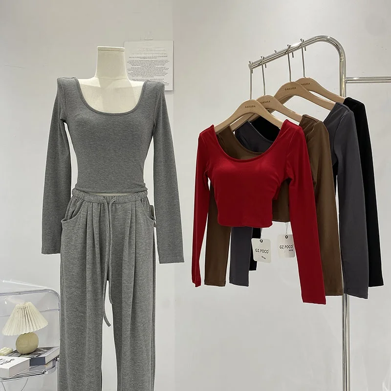 2024 Autumn Winter High Waist Short T-Shirt Women's Base Shirt with Chest Pad Korean Style Pure Desire Atmosphere Slim Fit