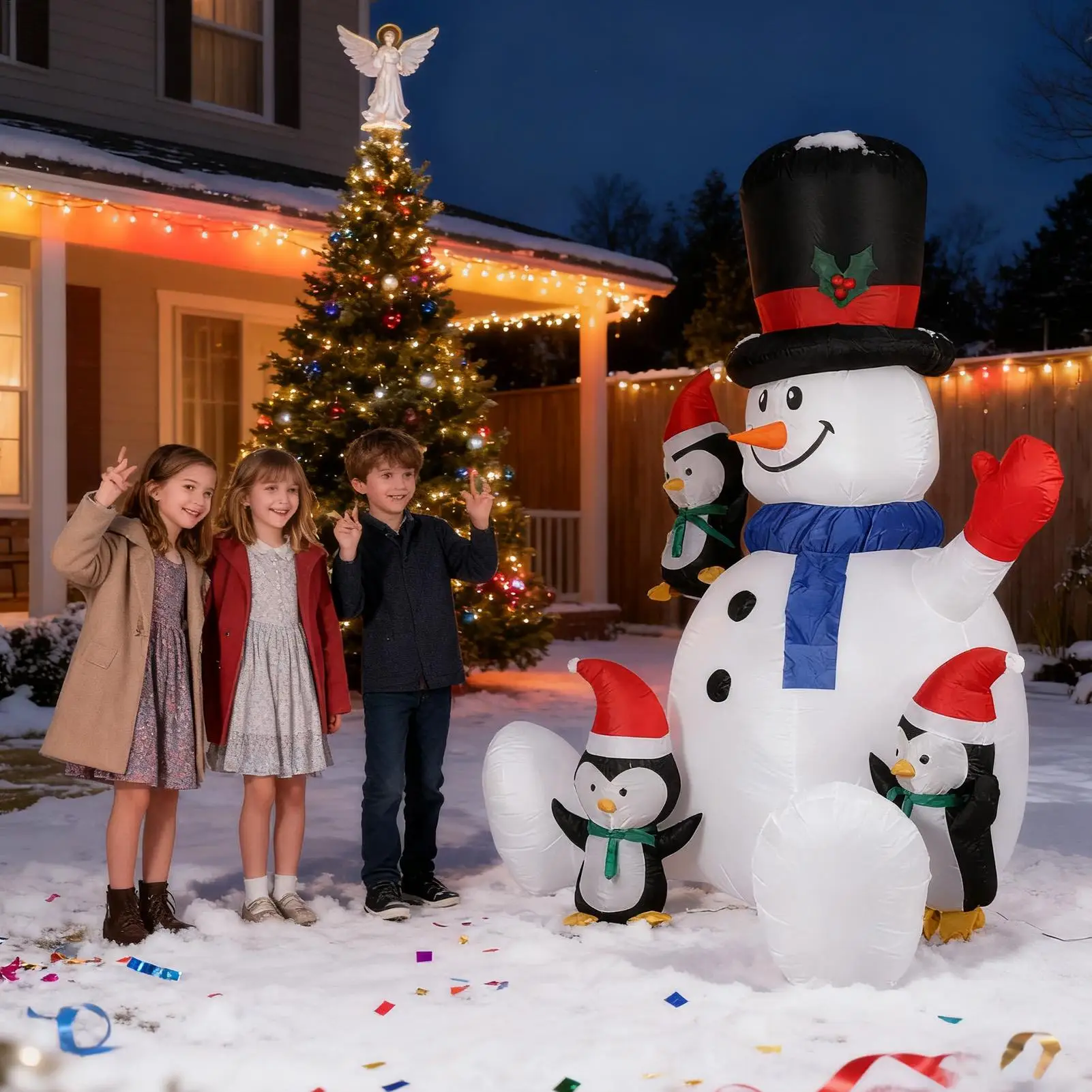 Christmas Snowman Inflatable Inflatable Seasonal RGB LED Lights Ornament with 3 Penguins Blow Up Christmas Sitting Snowman