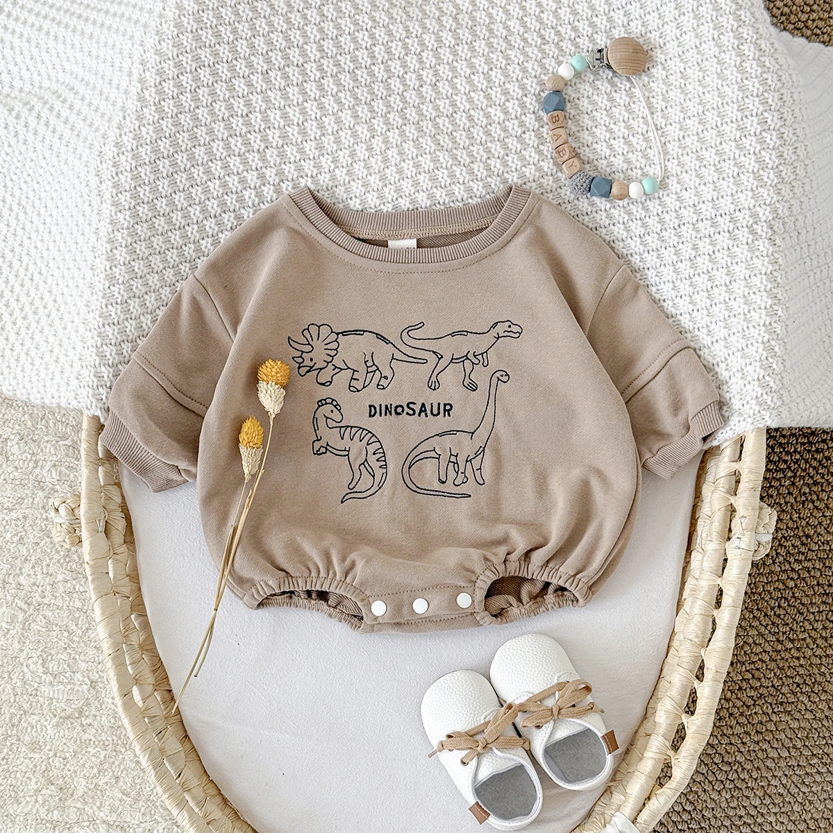 Autumn New Baby Long Sleeved Solid Color Dinosaur Embroidery Newborn Baby Rompers Jumpsuit Casual New born Warm One Piece Outfit