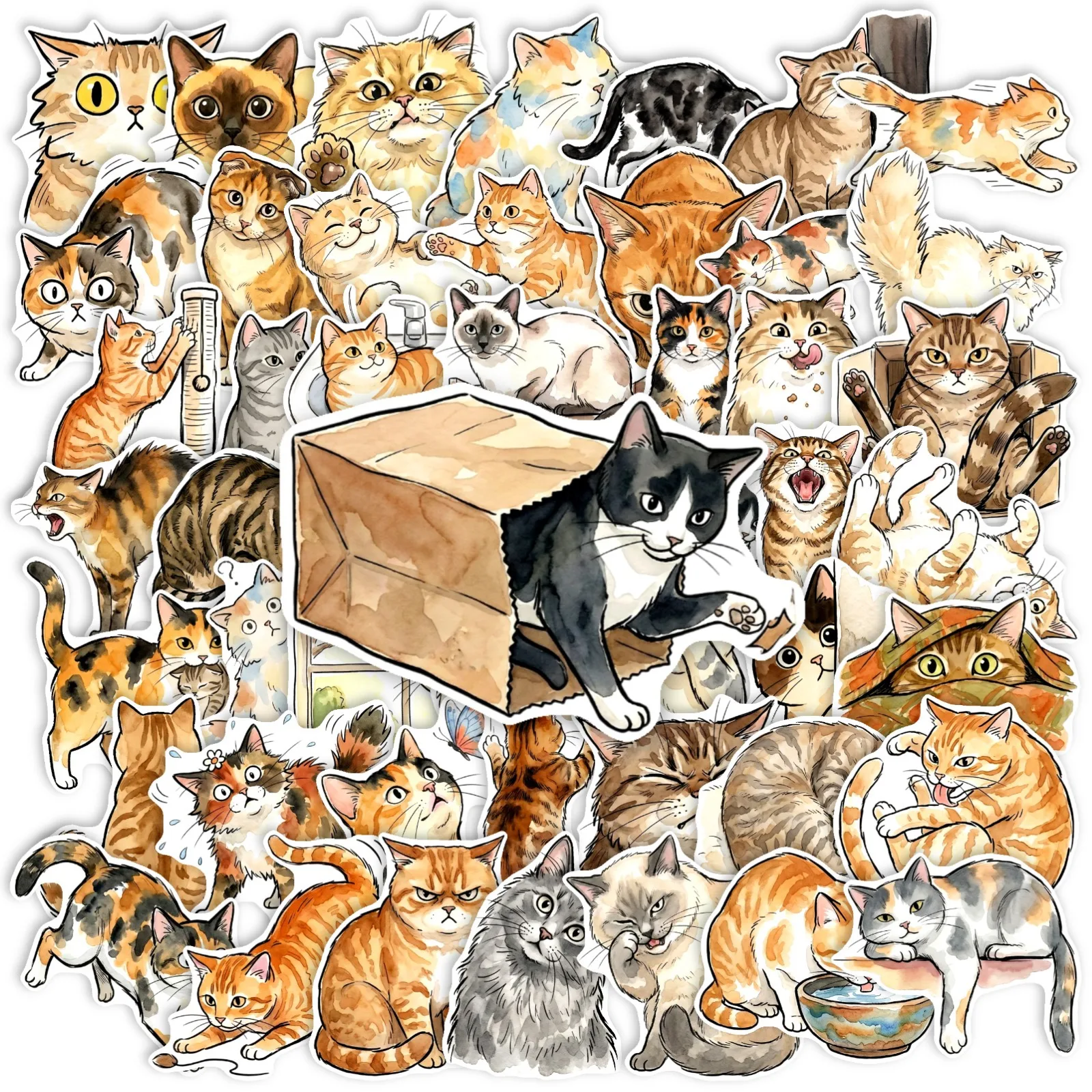 50pcsfunny Cute Cats Cute Watercolor Graffiti Stickers Cartoon DIY Skateboard Phone Case Laptop Waterproof Cool Stickers Decals