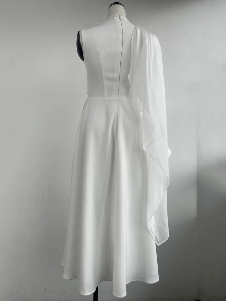 Qmqa moda feminina sentido flowy sheer sem mangas vestido branco xale estilo socialite elegante a linha vestidos de comprimento médio novo qm736
