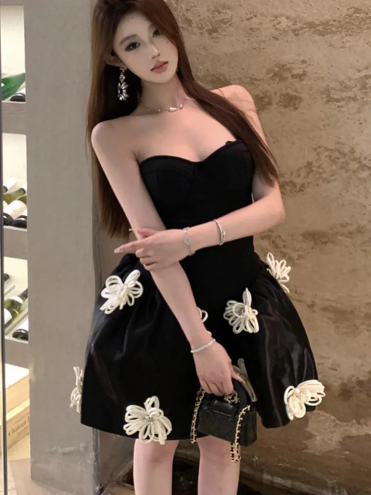 Hot Girl Schwarz Elegant Chic Französisch Trägerlos Damenkleider Rückenfrei Slim Fit Wasit Gespleißt Ballkleid Kleid Party Abend Kleider