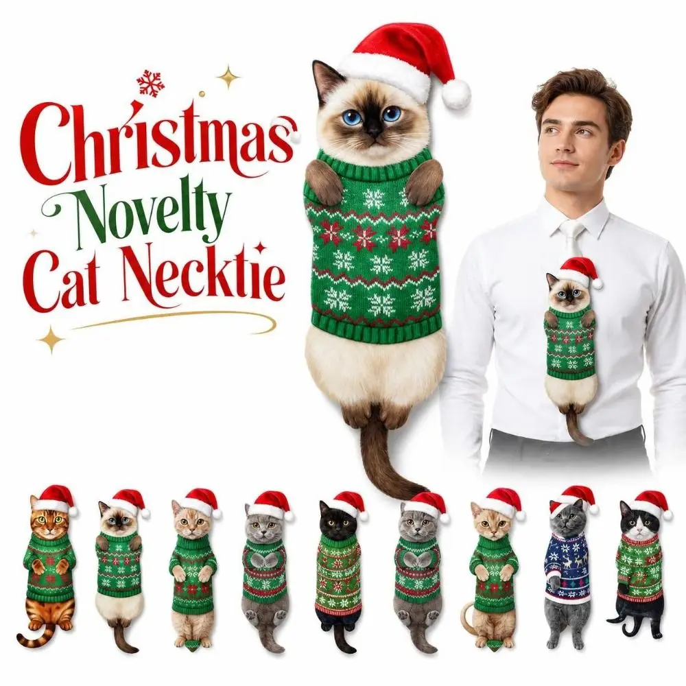 Cat Printed Christmas Novelty Necktie Lifelike Lightweight Animal Printed Neck Tie Satin Fabric Fun Party Necktie Party, Holiday