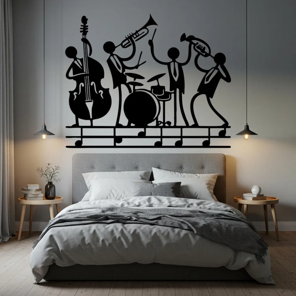 Flat Jazz Band Metal Wall Art, Laser‑Cut Iron Silhouette, Powder‑Coated Rust‑Resistant Retro Musician Wall Decor
