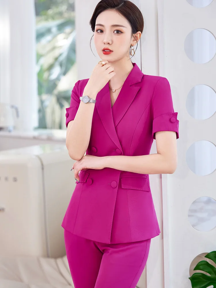 Newest Spring Summer Women Business Suits with Pants and Jackets Coat Short Sleeve Professional Pantsuit Office Work Wear Blazer