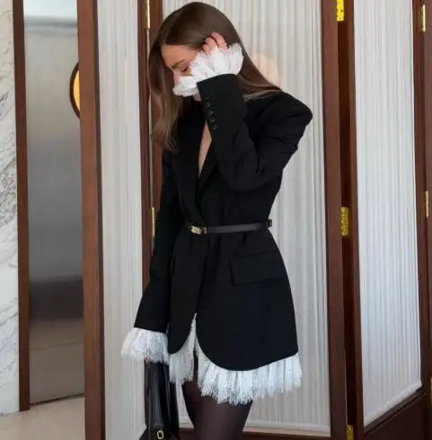 Blazer Dress Women Commuting 2025 Fashion Autumn New Style Black Women's Long Sleeve Lace Patchwork Temperament Mini Dresses