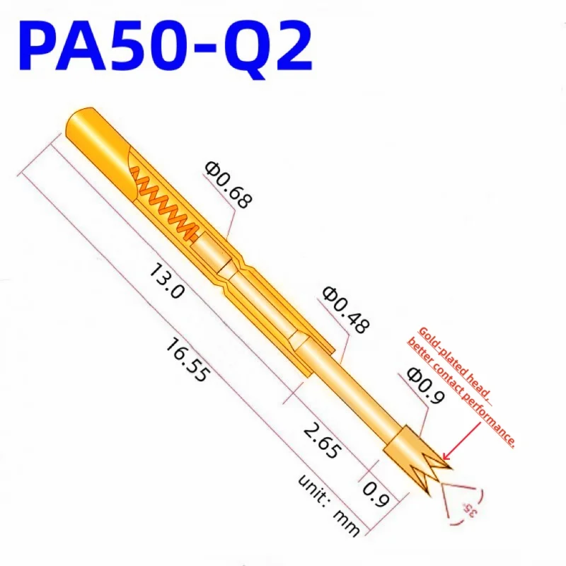 100PCS PA50-Q2 Spring Test Probe PA50-Q Test Pin Test Tool 16.55mm Dia0.68mm Gold Needle Tip Dia 0.9mm Pogo Pin P50-Q P50-Q2