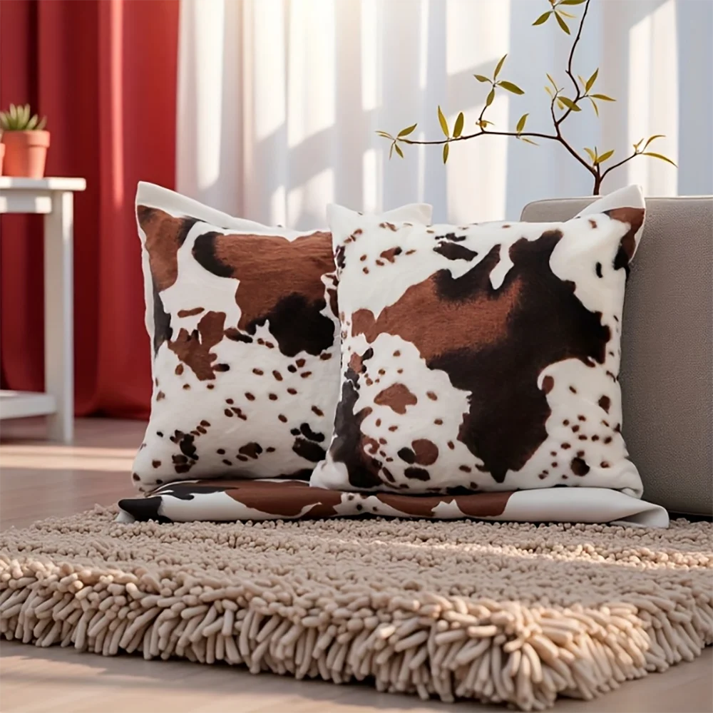 2pcs Cow Print Plush Throw Pillow Covers Farmhouse Decorative Soft Cushion Cases for Sofa Bedroom Living Room