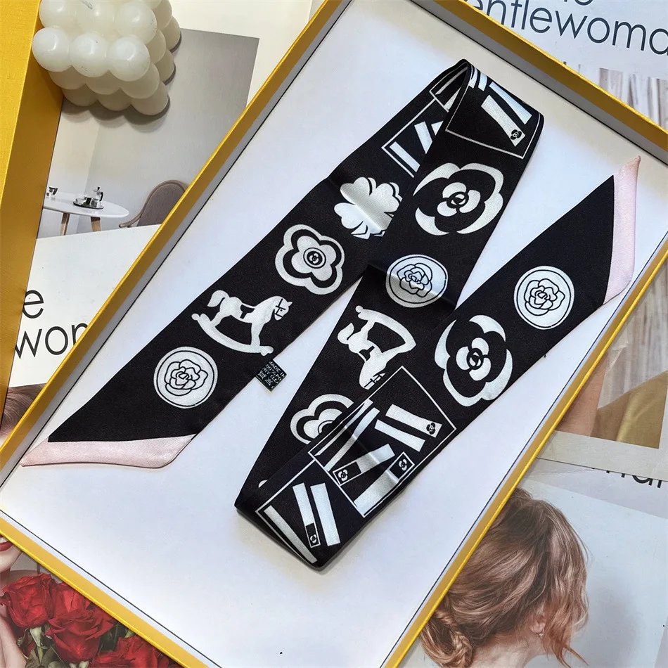 

Модная черно-белая роза с цветами, женская саржевая имитация шелковой сумки с ручкой, шелковая лента, лента для волос, маленький шарф Сиббон