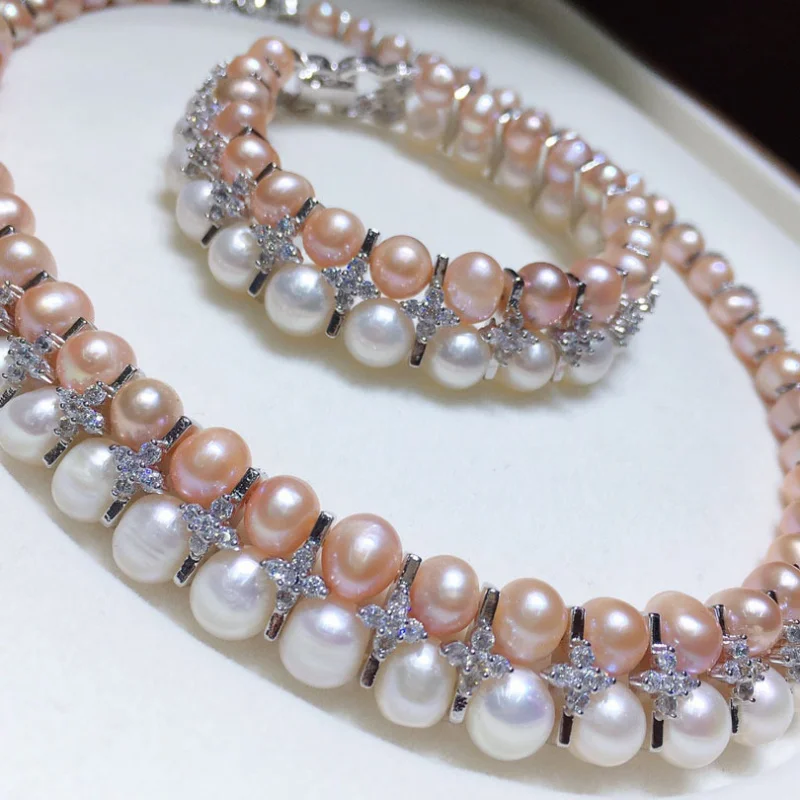 065 Natural Freshwater Set for Women Double Layer White Pink Pearl Necklace Bracelet Fashionable Elegant 135
