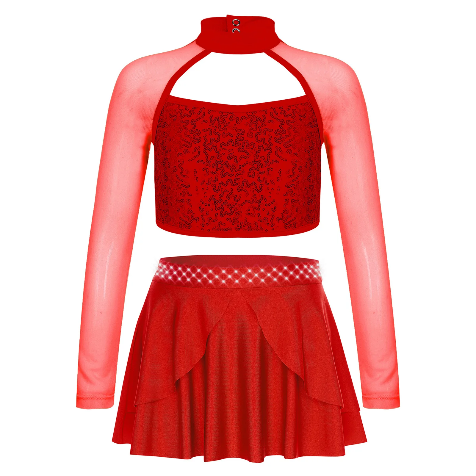 

Kids Girls Ballet Dance Sets Latin Jazz Dancing Ballerina Costume Long Sleeves Sequins Crop Top Rhinestones Irregular Hem Skirt