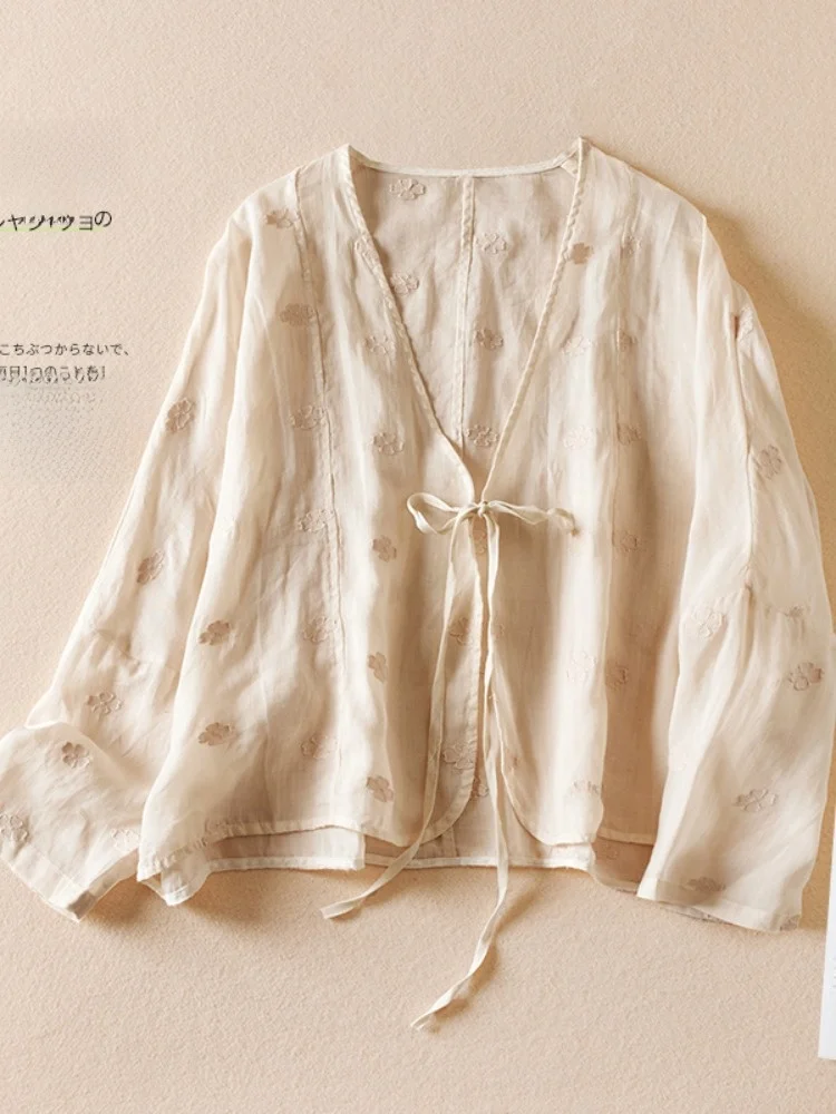 Pure Color Embroidered Cotton Linen Long Sve ort Jaet Women Summer Open Cardigan V Ne Belted Linen Sun Protection Top