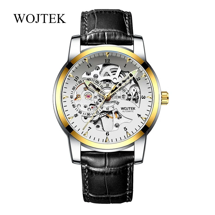 WOJTEK 2026 NEW Men Automatic Skeleton Watch Two‑Tone Gold Bezel Luminous Hands Black Leather Strap Waterproof Luxury