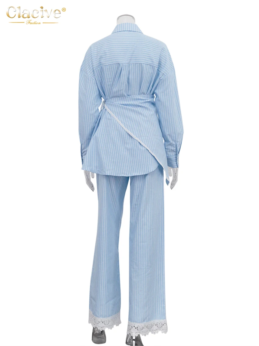 Blue Stripe 3-Piece Women's Set: Shirt, Corset and Wide-Leg Pants