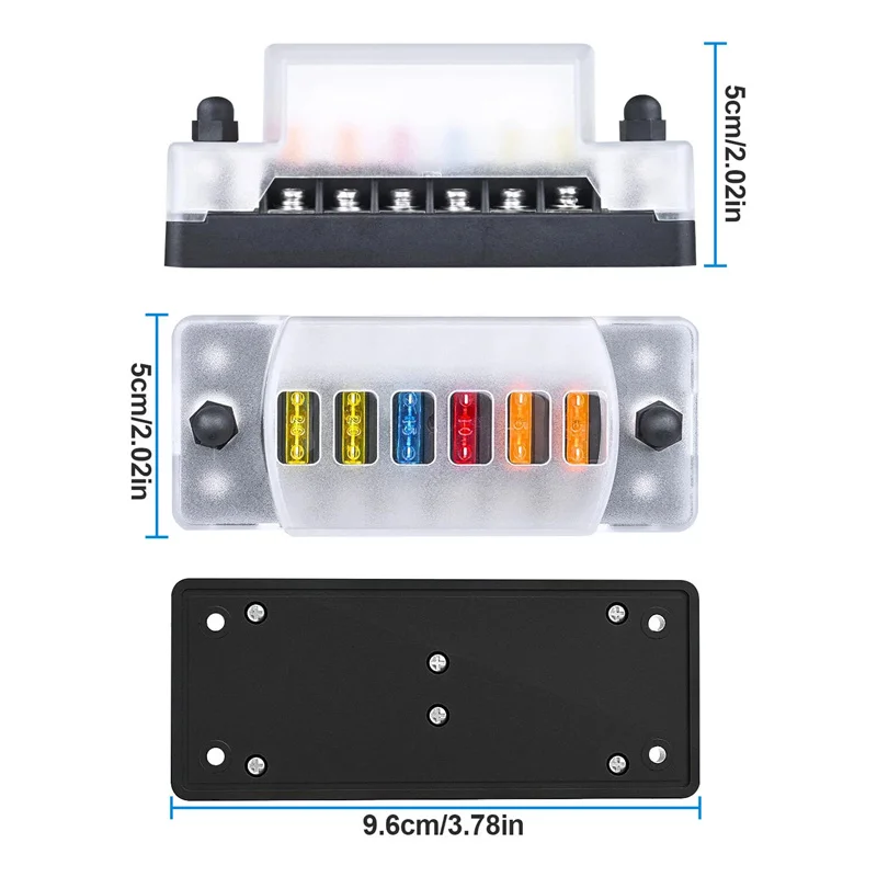 6-Way Car Fuse Holder with Negative Busbar – 12V ATC/ATO Blade Fuse Box, Waterproof Cover & Label Sticker Included