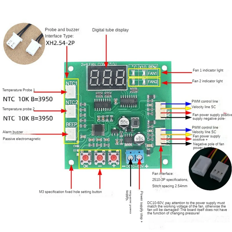 2 Channel 4 Wire DC 12V 24V 48V PWM Motor Fan Speed Controller Digital Display Governor Temperature Control