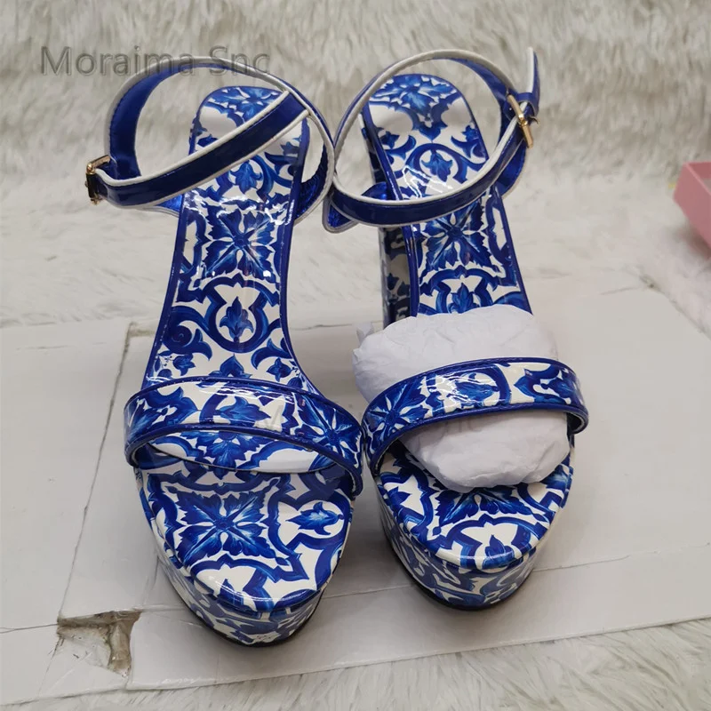 Women's Blue and White Porcelain Sandals Blue Red Print Platform Chunky Heels Sandals for Women 14Cm Open Toe High Heels