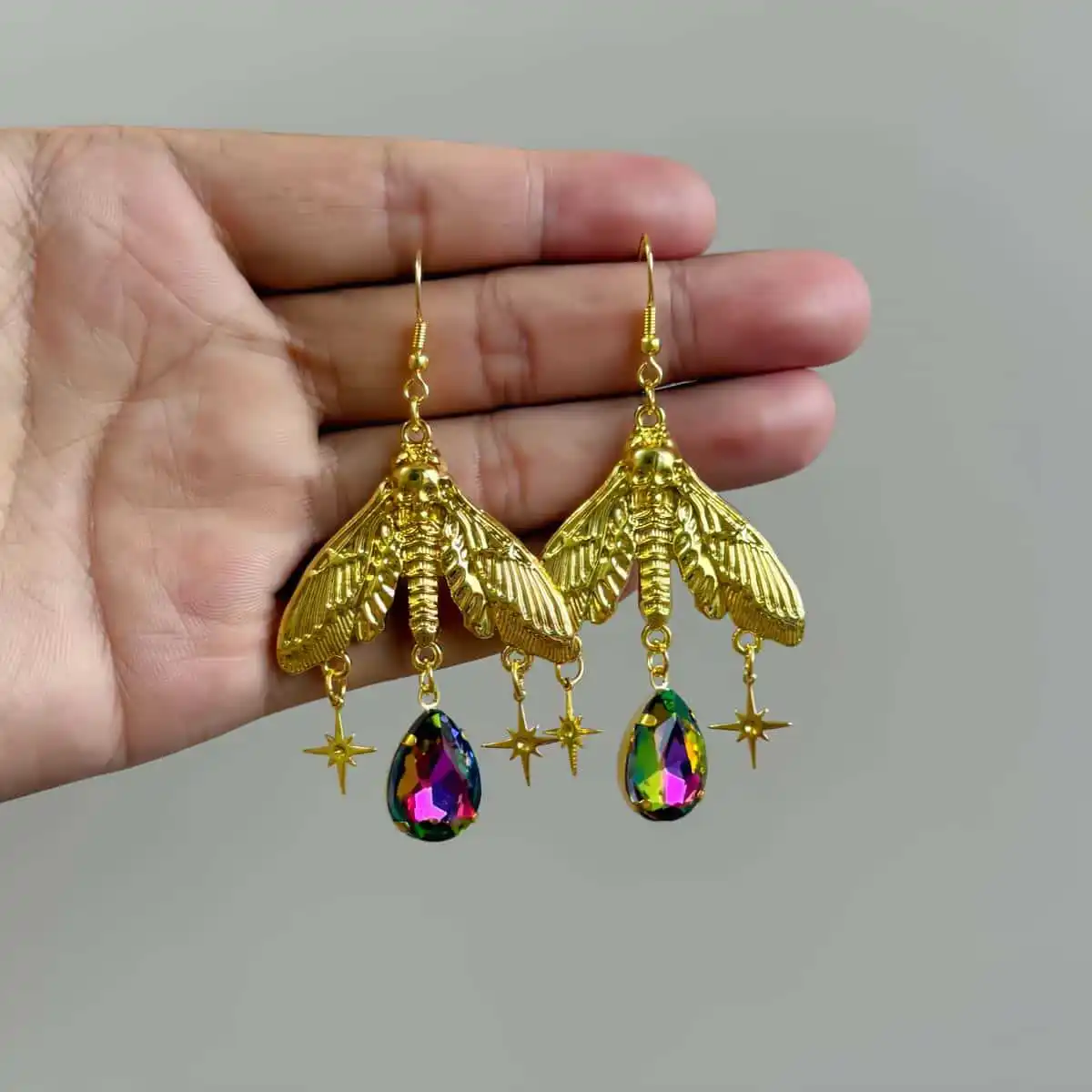 Golden Color Moth, Gothic jewelry, witchcraft accessories, Skull Moth, dazzling crystals, cross star, Earhook for Women Girls