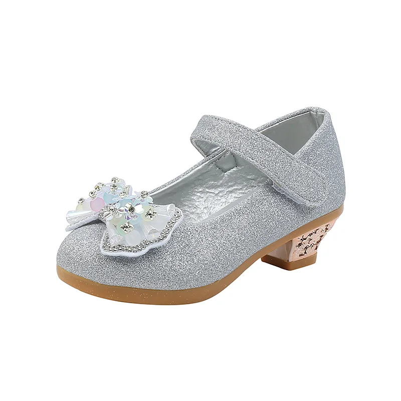 Bambini tacchi alti versatili ragazze scarpe in pelle principessa per la festa di nozze moda causale bambini scarpe eleganti strass papillon