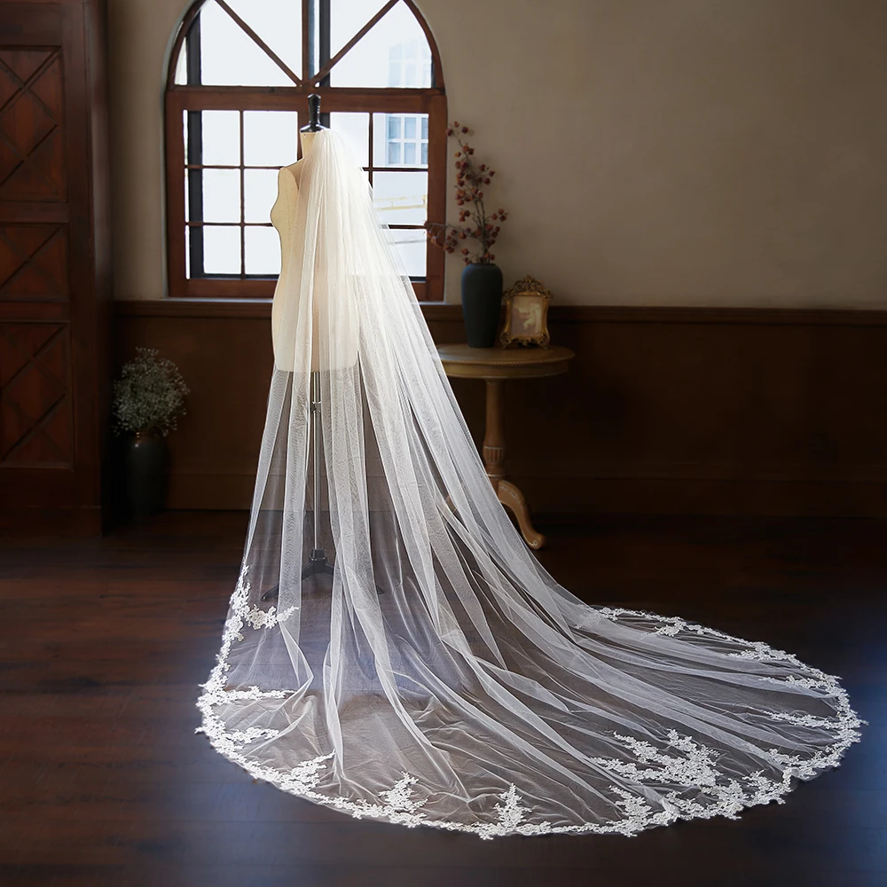 高級レースアップリケブライダルベール、コーム付き、大聖堂の長さ118インチのロングウェディングベール、女性用結婚アクセサリー